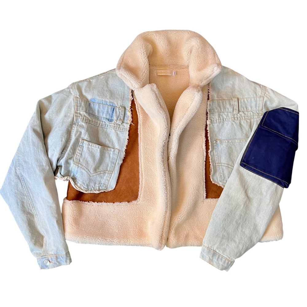 Two Twin Style Faux Shearling Patchwork Denim Sherpa Crop Jacket Womens Size XXL